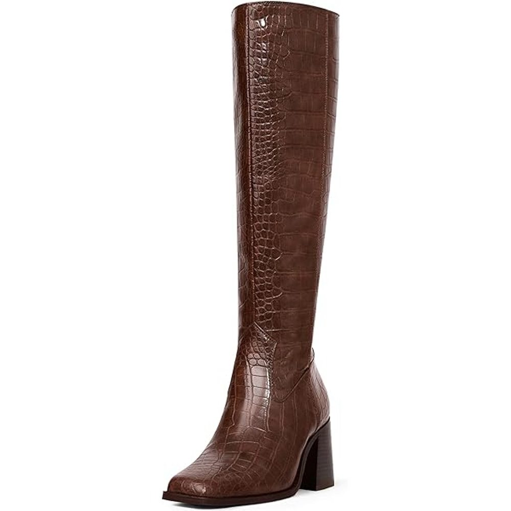 Suedi Brown Croc Embossed Knee-High Block Heel Boots Square Toe Comfort Lining